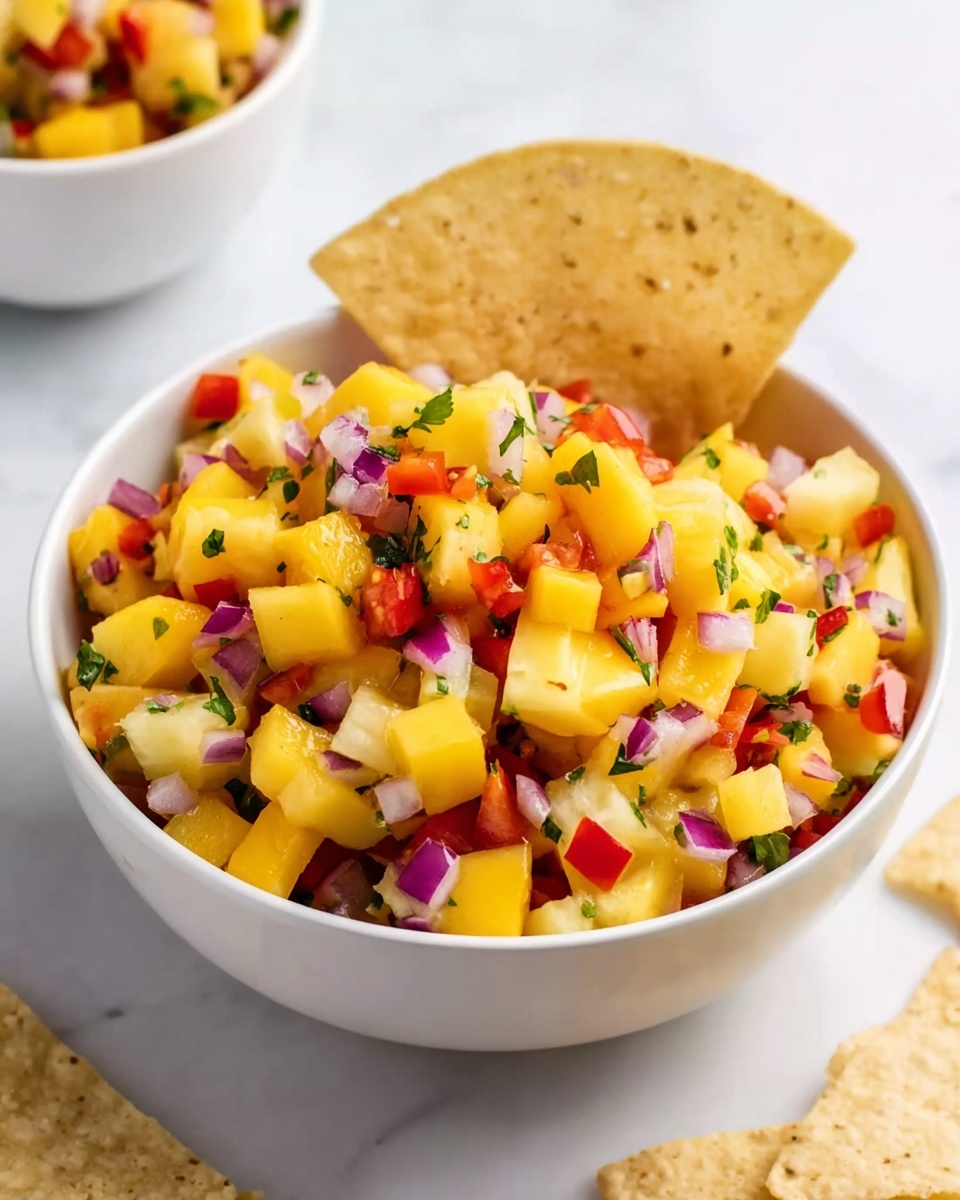 A white bowl filled with a colorful mixture of diced yellow mango, red bell pepper, pineapple, red onion, and small bits of green herb, all layered evenly together. A large triangular tortilla chip is inserted upright into the bowl toward the back. The bowl sits on a white marbled surface with a few scattered tortilla chips nearby. Another white bowl with a similar mixture is blurred in the background. The colors are bright and fresh, showing a mix of juicy yellow, red, purple, and green tones. Photo taken with an iphone --ar 4:5 --v 7