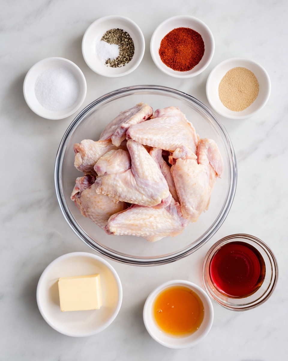 A clear glass bowl in the center holds raw chicken wings, pale pink with visible skin texture. Around the bowl, there are eight small white bowls placed on a white marbled surface. At the top, from left to right, there are bowls with white salt, black pepper, clear vinegar, light brown garlic powder, and reddish-brown paprika powder. At the bottom, from left to right, there is a white bowl with a rectangular piece of butter, a bowl with a small amount of dark amber honey, and a bowl containing a reddish-orange sauce. The arrangement is neat, with all ingredients clearly separated and visible. Photo taken with an iphone --ar 4:5 --v 7