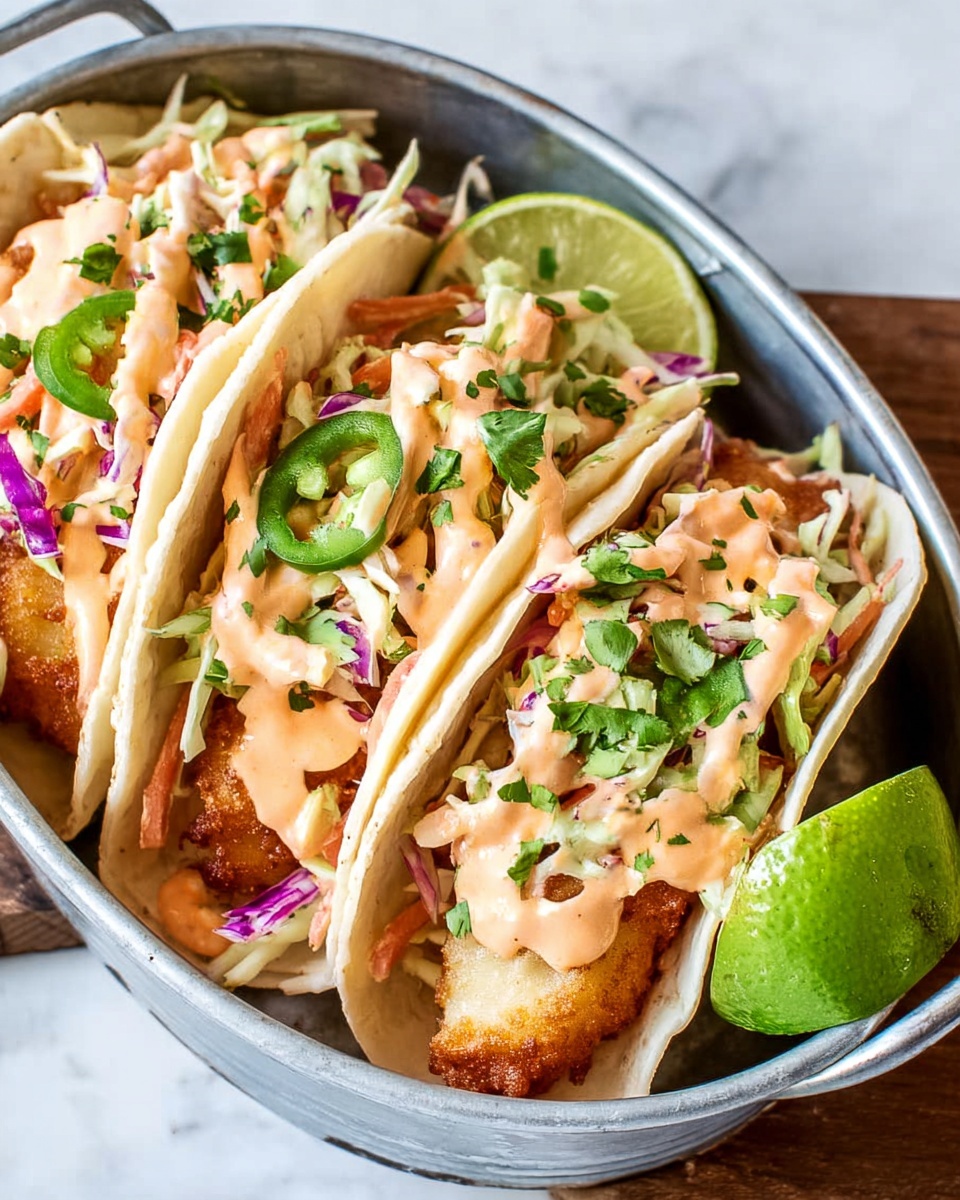 Three soft corn tortillas, each folded and filled with a crispy golden fried piece of fish at the bottom, layered with shredded white and purple cabbage mixed with thin carrot strips in the middle, topped with a creamy light orange sauce drizzled unevenly, sprinkled with chopped fresh green cilantro leaves. A squeezed green lime half sits on the right side of the oval light gray metal tray holding the tacos, all placed on a white marbled surface. Photo taken with an iphone --ar 4:5 --v 7