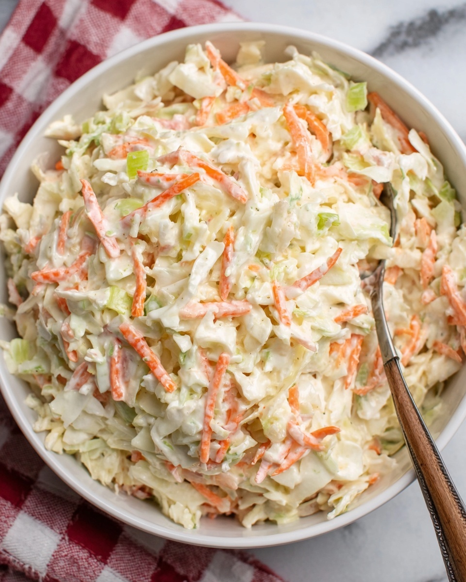 A bowl filled with creamy coleslaw showing three main layers with shredded white cabbage as the base, mixed with thin, soft strips of orange carrots spread evenly throughout, and light green bits of celery scattered on top. The texture looks smooth and moist, with a spoon resting inside the round white bowl. The bowl is placed on a white marbled surface with a red and white checkered cloth peeking from the side. Photo taken with an iphone --ar 4:5 --v 7