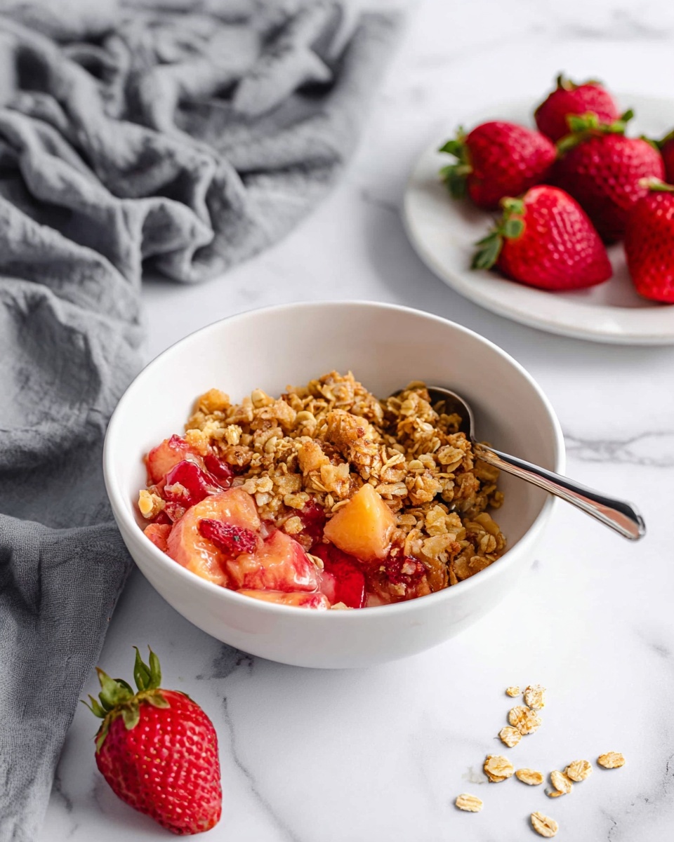 A white bowl sits on a white marbled surface, filled with two main layers: the bottom layer consists of soft, sliced strawberries and light orange fruit pieces, while the top layer is a crumbly, golden-brown oat granola with visible oats and small clusters. A silver spoon rests inside the bowl on the right side. Around the bowl, there are scattered oats and a halved strawberry in the foreground. In the background to the right, a white plate holds several whole, bright red strawberries with green tops. A crumpled grey cloth is positioned behind the bowl on the left side. Photo taken with an iphone --ar 4:5 --v 7
