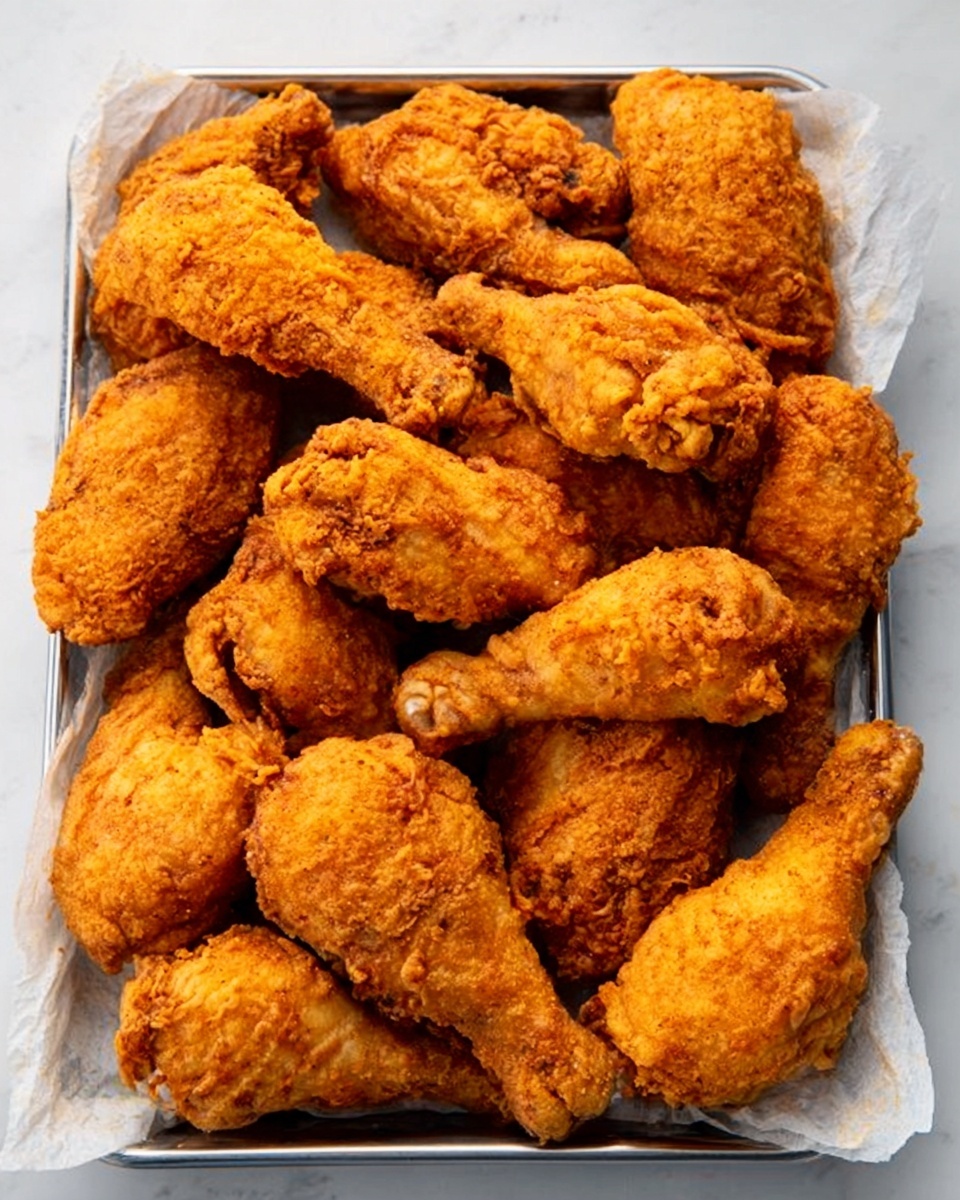 A tray lined with white parchment paper holds a large pile of golden brown fried chicken pieces. The chicken pieces have a crispy, rough texture with an even coating of crunchy breading. The pieces are arranged closely together, showing a mix of drumsticks and thighs with a deep orange-brown color. The tray edges are metallic and the background is a white marbled texture. photo taken with an iphone --ar 4:5 --v 7