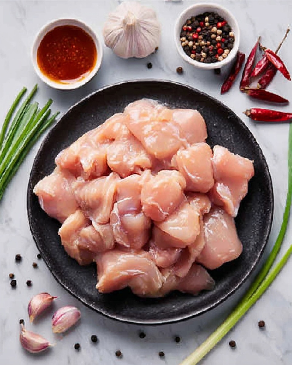 The image shows a black round plate filled with raw chicken pieces that are light pink and shiny. The chicken pieces have smooth, soft textures and are piled one on top of the other, covering the whole plate. Around the plate on a white marbled surface are scattered black peppercorns, a few red dried chili peppers, whole garlic cloves, some green onions, and a small white bowl with red sauce. The scene has a clear and bright look. Photo taken with an iphone --ar 4:5 --v 7