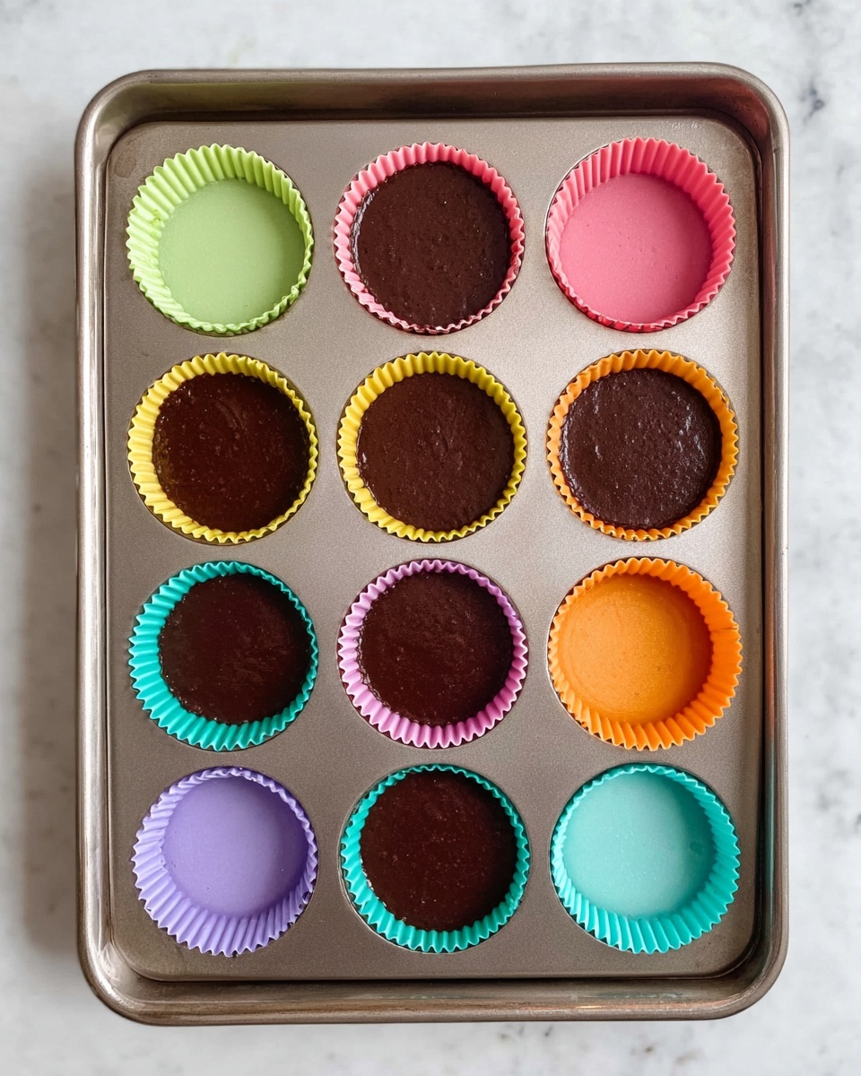 The image shows eight chocolate batter-filled silicone cupcake cups placed inside a shiny metal baking tray. The cups are arranged in two vertical columns of four; the colors from top to bottom on the left side are light green, pink, yellow, and teal, and on the right side are purple, orange, yellow, and light blue. The smooth dark brown chocolate batter fills each cup near the top, with slightly uneven surfaces showing a few small bubbles and bumps. The tray rests on a white marbled surface with faint gray veining. photo taken with an iphone --ar 4:5 --v 7