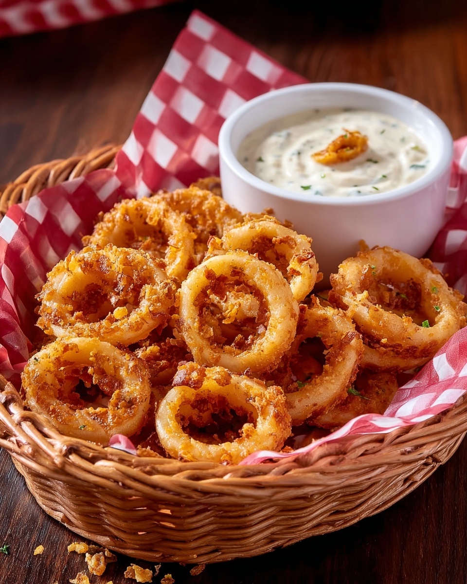 A woven basket lined with red and white checkered cloth holds a pile of golden brown fried onion rings with a crunchy texture and small bits of fried batter on top. Next to the onion rings inside the basket is a white bowl filled with creamy white dipping sauce with visible specks of herbs and a single small fried onion ring resting on the surface. The basket is placed on a dark wooden table with a few crumbs scattered nearby. Photo taken with an iphone --ar 4:5 --v 7