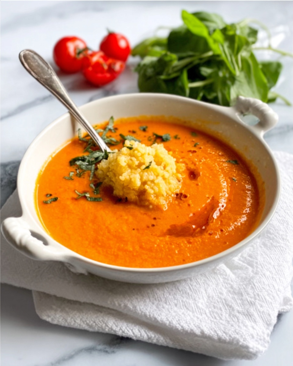 A white bowl with two side handles holds a bright orange soup with a smooth texture. On the right side of the bowl, there is a scoop of yellow rice mixed with small bits, placed partially dipped in the soup. A silver spoon rests inside the bowl, with its handle leaning on the bowl’s edge. In the background, there is a small bunch of fresh green leaves and some red cherry tomatoes. The setting is on a white marbled surface with a white cloth napkin nearby. Photo taken with an iphone --ar 4:5 --v 7