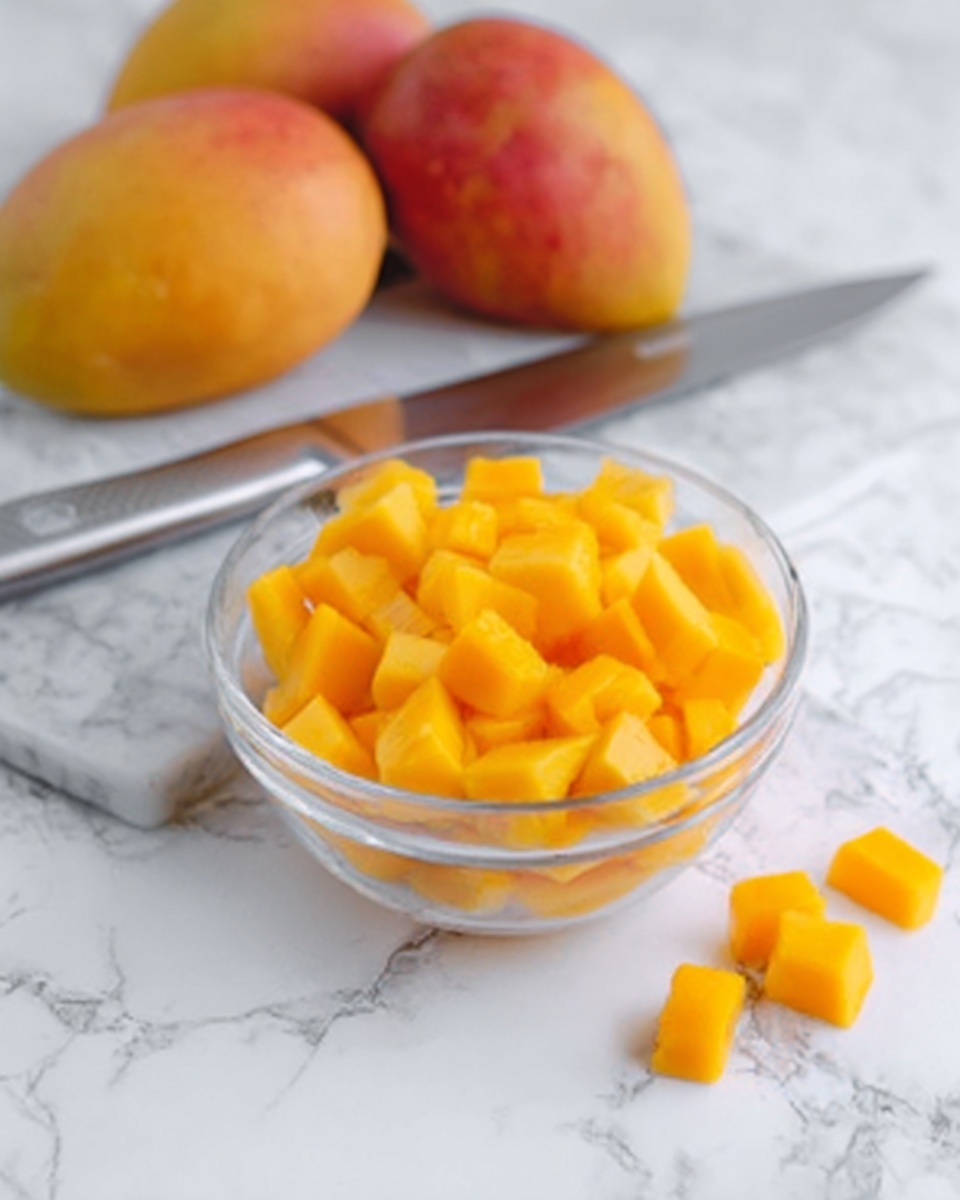 A clear glass bowl filled with small, bright orange mango cubes sits on a white marbled surface. Behind the bowl, there are three whole ripe mangoes with a mix of orange and reddish skin. A silver knife with a grey handle lies on the left side of the bowl, with the blade resting on the white marbled surface. A few extra mango cubes are scattered on the white marbled surface on the right side of the bowl. photo taken with an iphone --ar 4:5 --v 7