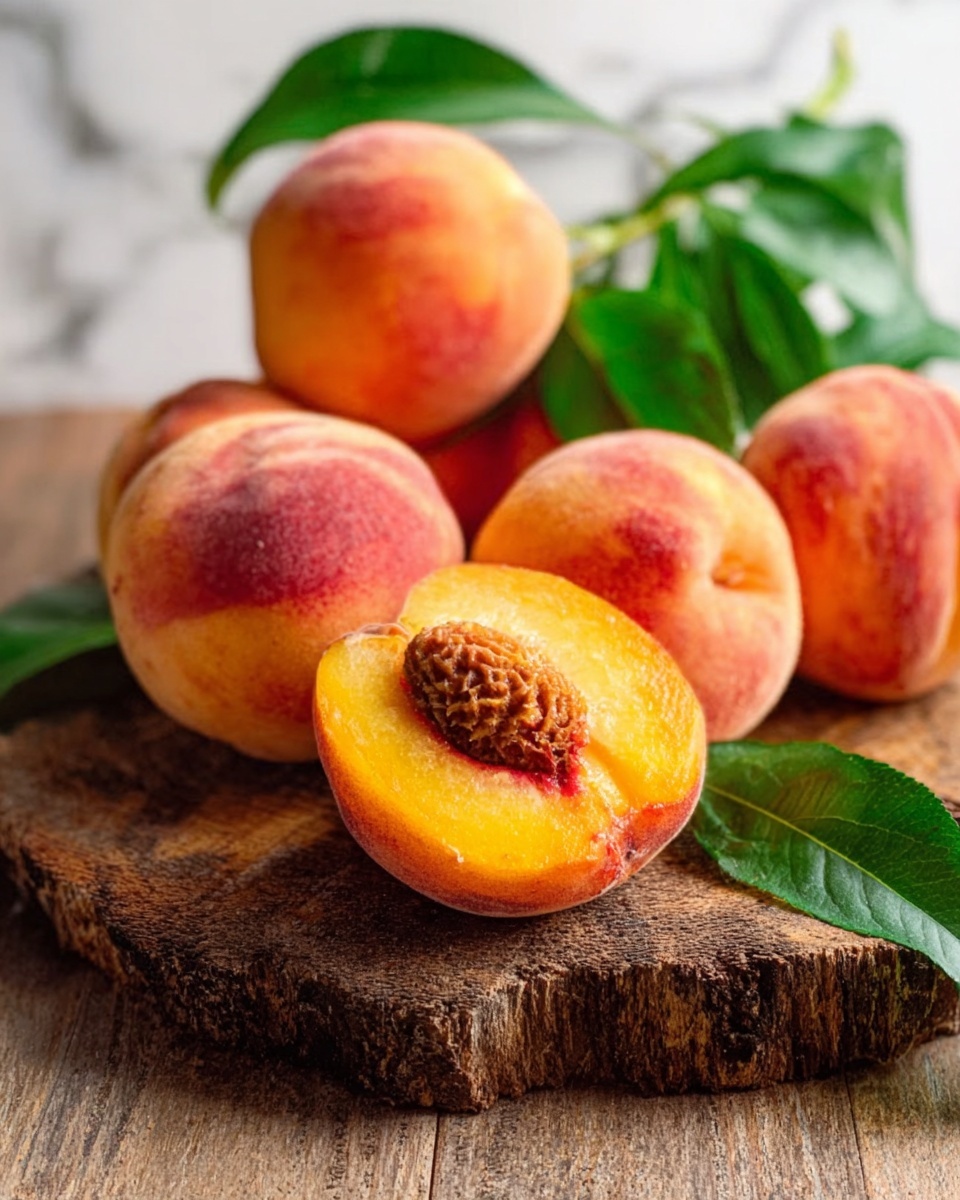 The image shows several ripe peaches with soft orange and pink skin placed on a rustic wooden board. One peach is cut in half in front, showing its bright yellow-orange inside and a rough brown pit in the center. Behind the peaches, there are green leaves adding a fresh look to the scene. The wooden board has a natural, rough texture, and the background is a white marbled surface. The lighting is soft, making the peaches look juicy and fresh. Photo taken with an iphone --ar 4:5 --v 7