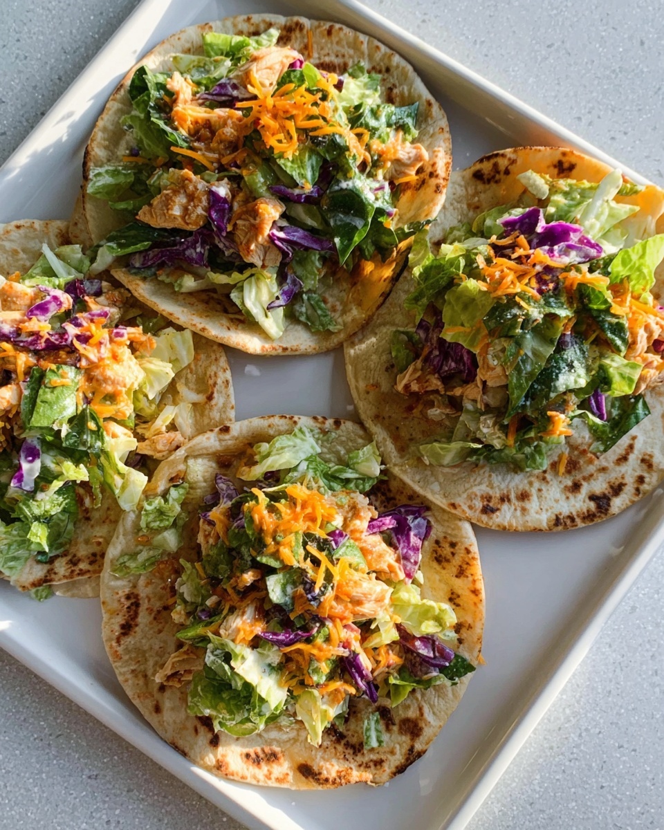 The image shows three soft tacos on a white tray, each with a slightly toasted light brown tortilla base. On top of each tortilla, there is a mix of fresh green lettuce leaves and finely chopped purple cabbage, creating a colorful and fresh layer. Over the greens, pieces of cooked, light orange-colored chicken are spread evenly, adding a warm contrast. There is a sprinkle of small, bright orange shredded cheese that adds texture and color on top. Everything is placed on a white marbled surface. photo taken with an iphone --ar 4:5 --v 7