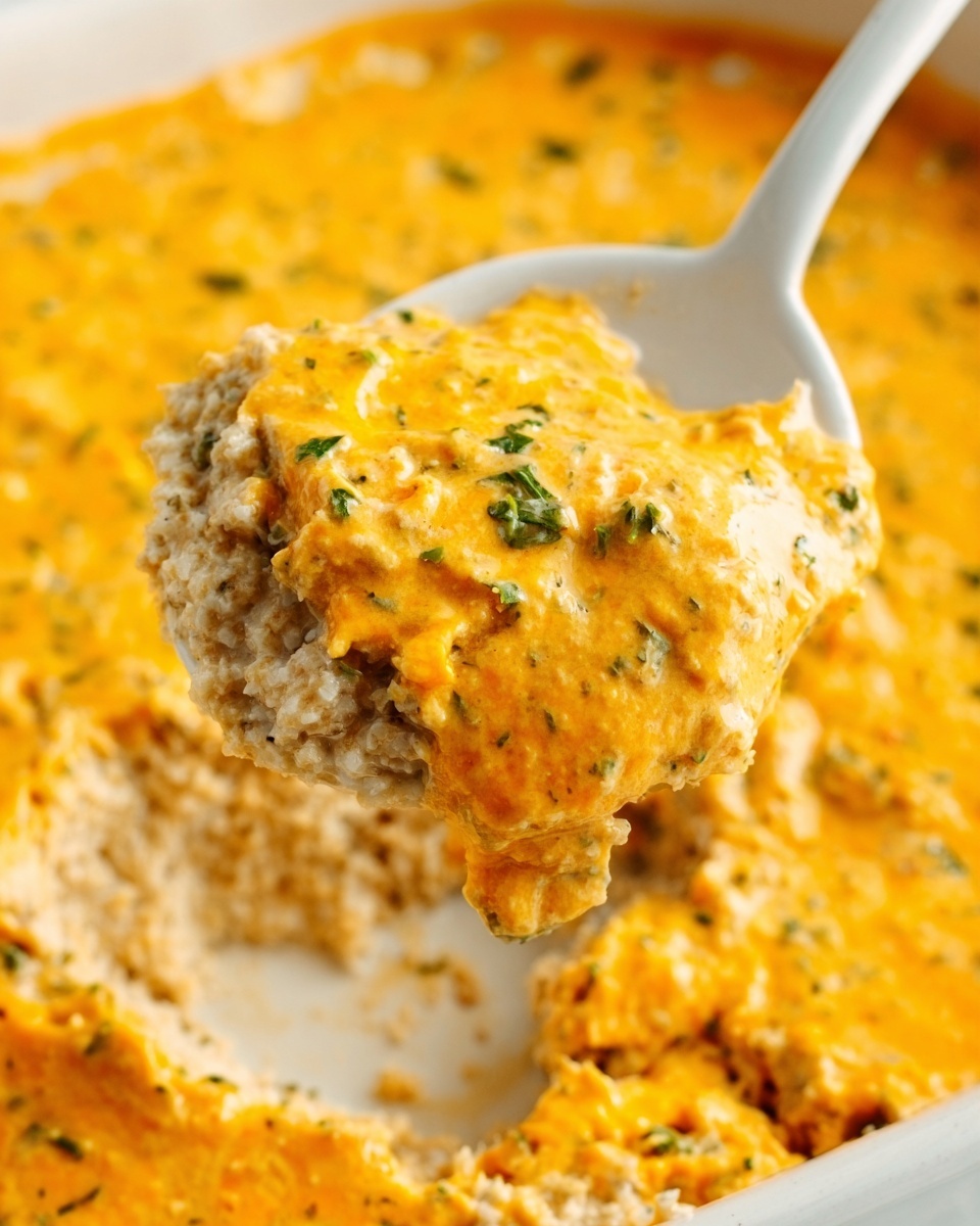 The image shows a close-up of a white spoon lifting a portion of a food dish that has two main layers. The top layer is thick and creamy with a bright orange-yellow color and hints of green herbs scattered throughout. The bottom layer is grainy with a beige color and visible pieces of bread or similar texture. The background is a white marbled surface, and part of the white dish containing the food is visible around the spoon. Photo taken with an iphone --ar 4:5 --v 7