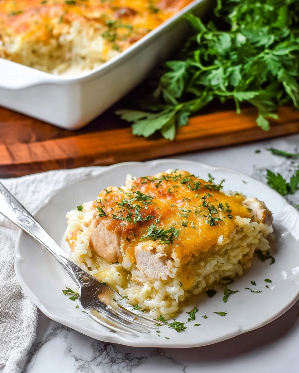 A thick square piece of baked casserole sits on a white plate, showing three main layers: the bottom layer is creamy rice with bits of onion, the middle layer has chunks of light beige cooked chicken, and the top layer is melted golden-brown cheese with green parsley pieces sprinkled over it. The top cheese layer looks slightly crispy with melted texture in spots. Next to the plate is a silver fork, and behind it is a white casserole dish filled with more of the same dish, sitting on a wooden board with green parsley nearby, all placed on a white marbled surface. Photo taken with an iphone --ar 4:5 --v 7