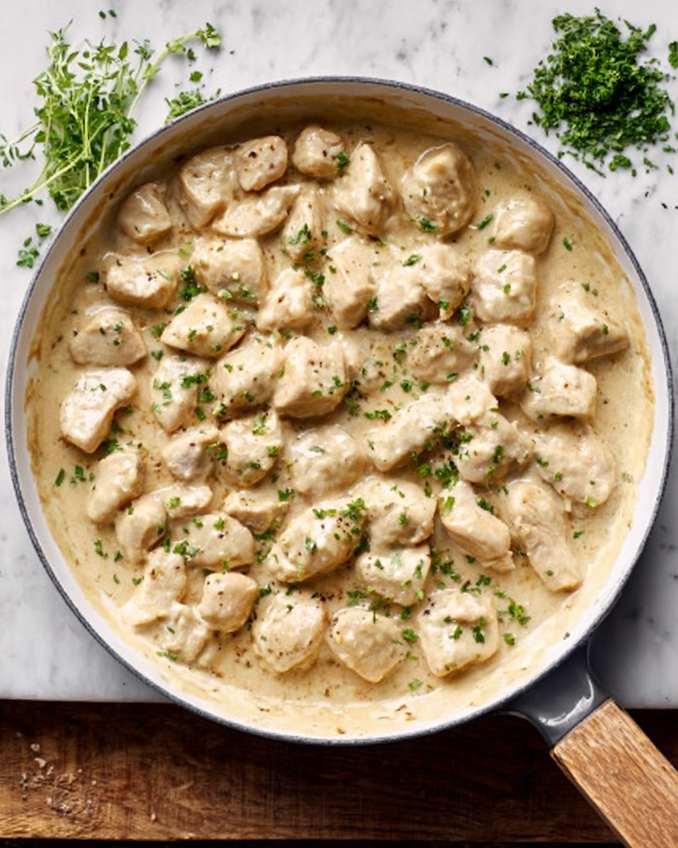 A white pan filled with multiple small, creamy, pale beige pieces of cooked chicken scattered evenly inside. The creamy sauce looks smooth and thick, coating each piece well. Small green herb sprinkles are lightly scattered on top, adding a fresh touch. The pan is set on a white marbled surface with some green herb garnishes nearby. Photo taken with an iphone --ar 4:5 --v 7