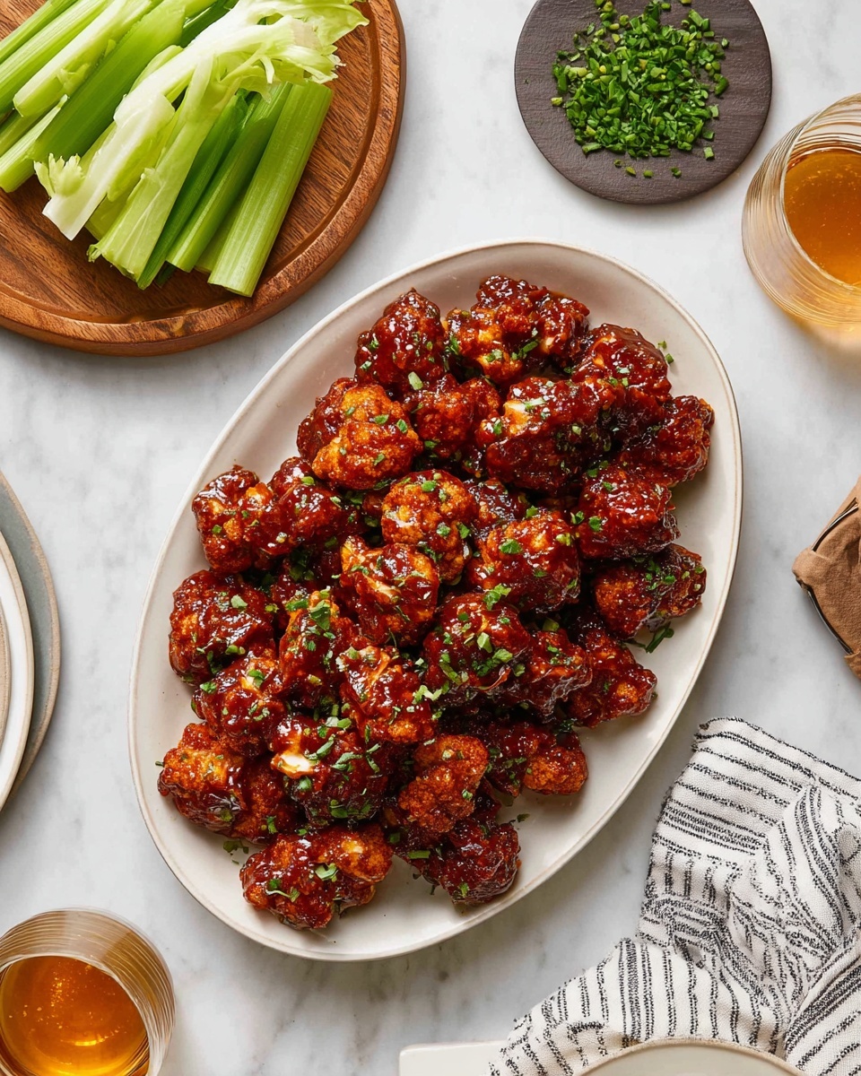 A white oval plate filled with many pieces of crispy fried cauliflower coated in shiny, dark reddish-brown sauce, each piece sprinkled with small bits of green herbs, placed on a white marbled surface. To the top left, there is a round wooden plate holding fresh, green celery sticks stacked neatly, and above the cauliflower plate is a glass of light amber-colored drink. To the right, a small white plate with loose chopped chives sits on a dark coaster. The bottom right shows part of a white plate and a striped cloth napkin. photo taken with an iphone --ar 4:5 --v 7