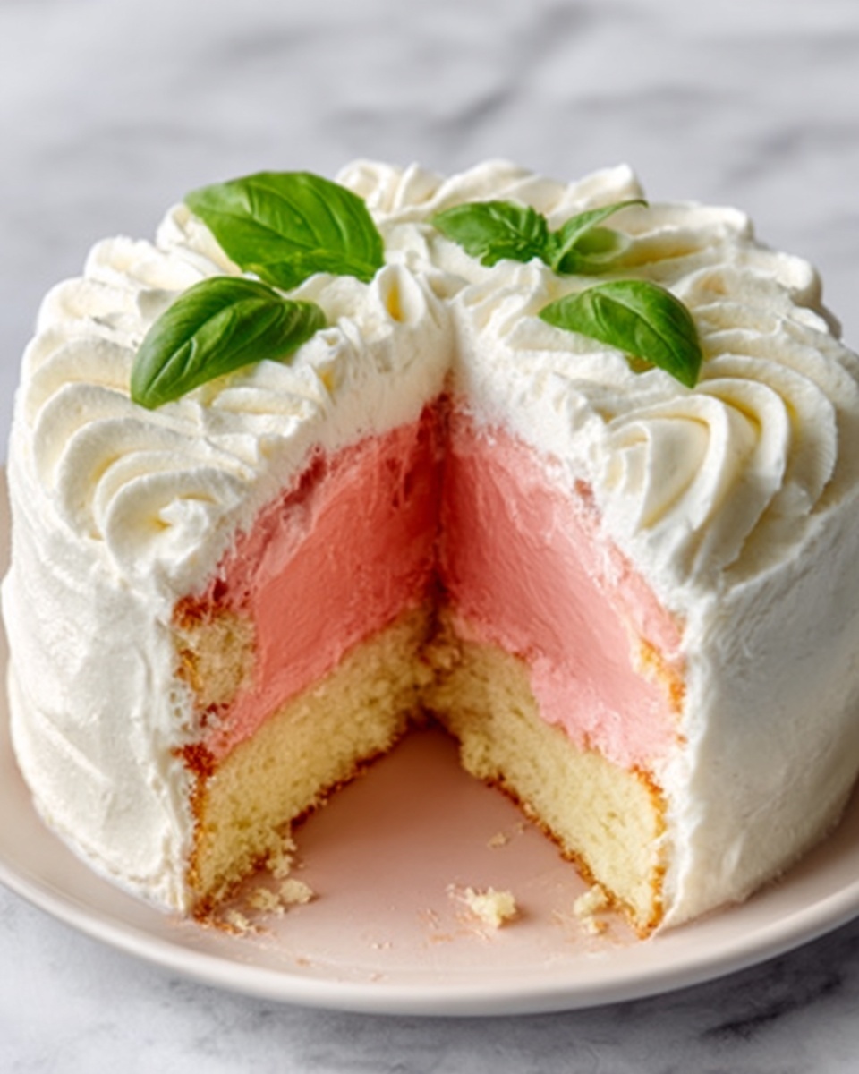 The image shows a white round cake on a white plate, placed on a white marbled surface. The cake has three visible layers: the bottom layer is a light golden sponge, the middle layer is a thick smooth pink filling, and the top layer is a thick white creamy frosting with soft swirls around the edges. The top of the cake is decorated with three fresh green basil leaves at the center. A slice of the cake is missing, revealing the soft texture of the pink filling inside. photo taken with an iphone --ar 4:5 --v 7