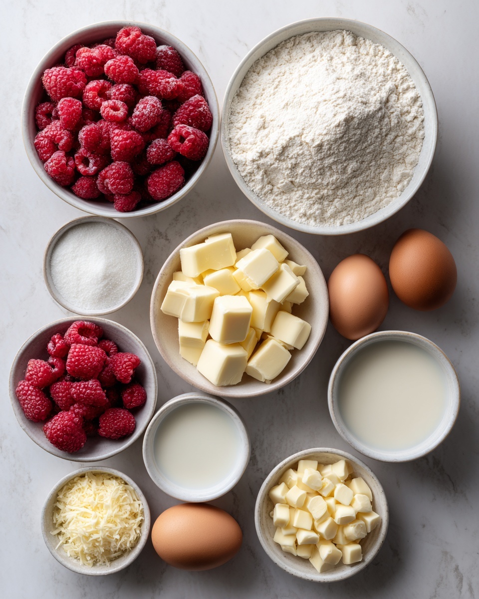 The image shows a top view of various white bowls and small dishes arranged neatly on a white marbled surface, each holding different baking ingredients. There is one large bowl filled with white flour, a medium bowl with fresh red raspberries, two smaller bowls containing white sugar and milk respectively, and another bowl holding a pile of fresh raspberries. Additional bowls hold cubed pale yellow butter, small white chocolate chips, and grated cheese. Two brown eggs sit next to the bowls, and a single white egg rests in a tiny dish. The colors are soft with natural lighting highlighting the textures of flour, butter, and fresh berries. photo taken with an iphone --ar 4:5 --v 7