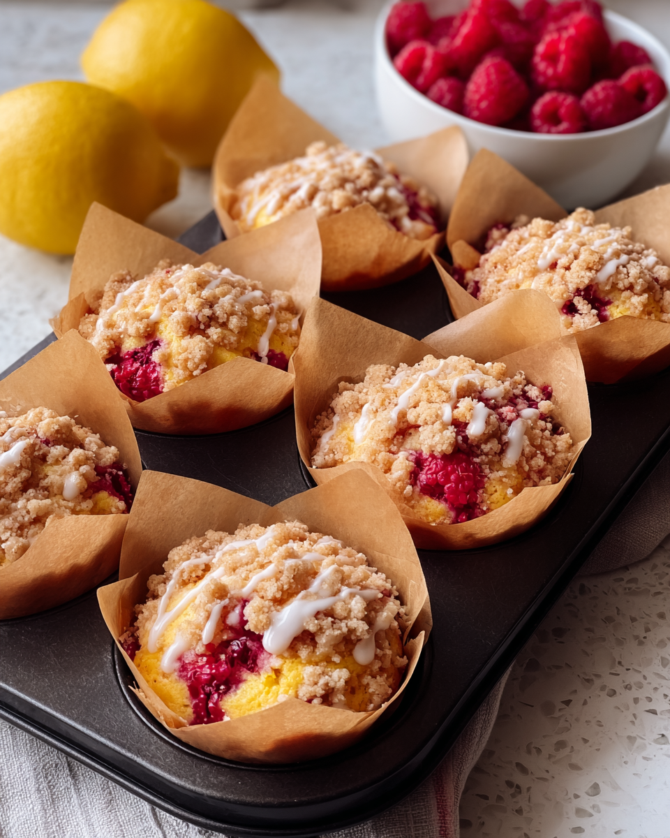 Six muffins are in a black muffin tray, each wrapped in light brown parchment paper with edges rising above the muffins. The muffins have a golden-yellow base with bright red raspberries inside, topped with a crumbly light brown streusel and small drizzles of white icing. In the background, there are two yellow lemons and a white bowl filled with fresh red raspberries. The whole scene is set on a white marbled textured surface. photo taken with an iphone --ar 4:5 --v 7