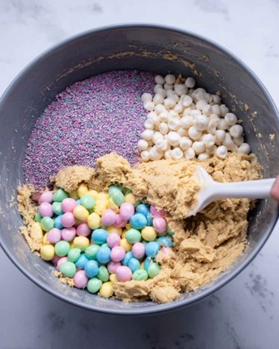 A large gray mixing bowl holds several colorful ingredients layered separately inside. The top left section has small round purple sprinkles with a rough texture. Next to it on the right, there is a large pile of small white round candies. Beside that, on the far right, there is a beige dough-like mixture with a soft texture. Below these ingredients, in the bottom section of the bowl, are three piles of small round candies in vibrant pastel colors of blue, pink, yellow, and green, arranged loosely. A white spatula rests in the bowl, partially immersed in the dough mixture, and a woman's hand is visible holding the spatula. The bowl is placed on a white marbled surface. Photo taken with an iphone --ar 4:5 --v 7