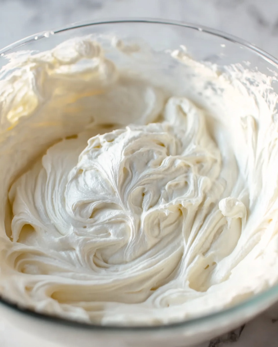 The image shows a close-up of a bowl filled with smooth, creamy white frosting. The frosting has a thick and soft texture with visible swirls and peaks, showing the motion of stirring. The bowl is clear and transparent, and the background surface is a white marbled texture. The photo is bright with natural light, highlighting the smoothness and slight sheen of the frosting photo taken with an iphone --ar 4:5 --v 7