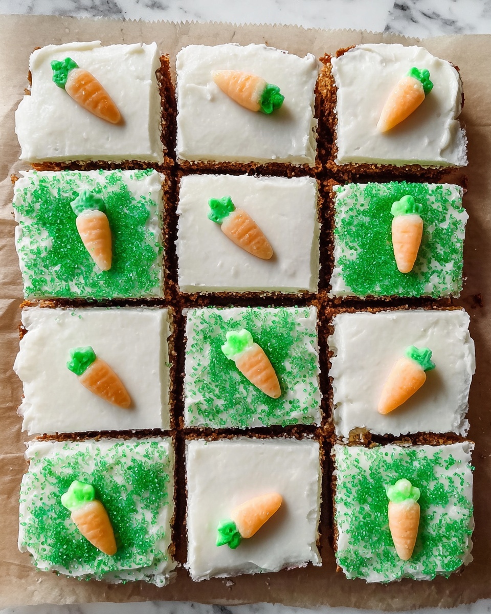 A rectangular sheet of carrot cake is cut into twelve square pieces arranged in three rows and four columns on a light brown parchment paper. Each square has a thick layer of smooth white frosting on top with small orange and white carrot-shaped sugar decorations placed in the middle. Some squares are decorated with bright green sugar sprinkles or green sugar dust giving a textured look. The edges of the frosting are mostly clean but slightly uneven in places, showing some of the brown cake underneath. The background is a white marbled surface. photo taken with an iphone --ar 4:5 --v 7