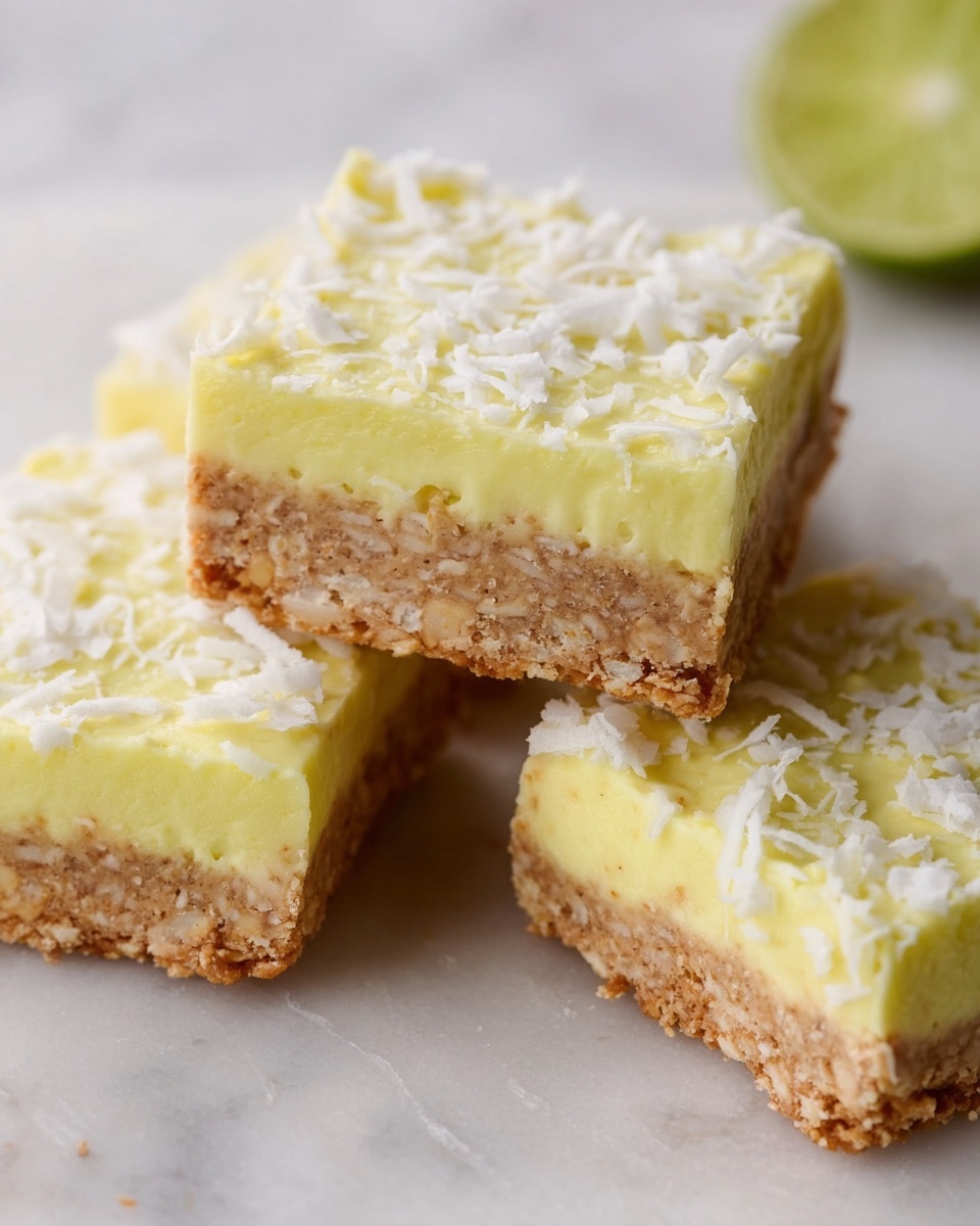 The image shows four square pieces of a two-layer dessert on a white marbled surface. The bottom layer is thick, textured, and light brown with visible oat or nut bits, looking soft but firm. The top layer is a creamy, smooth pale yellow with a fluffy texture, evenly spread over the bottom. White shredded flakes are sprinkled on top of the yellow layer, adding texture. A blurred lime wedge is visible in the background at the top right corner. photo taken with an iphone --ar 4:5 --v 7