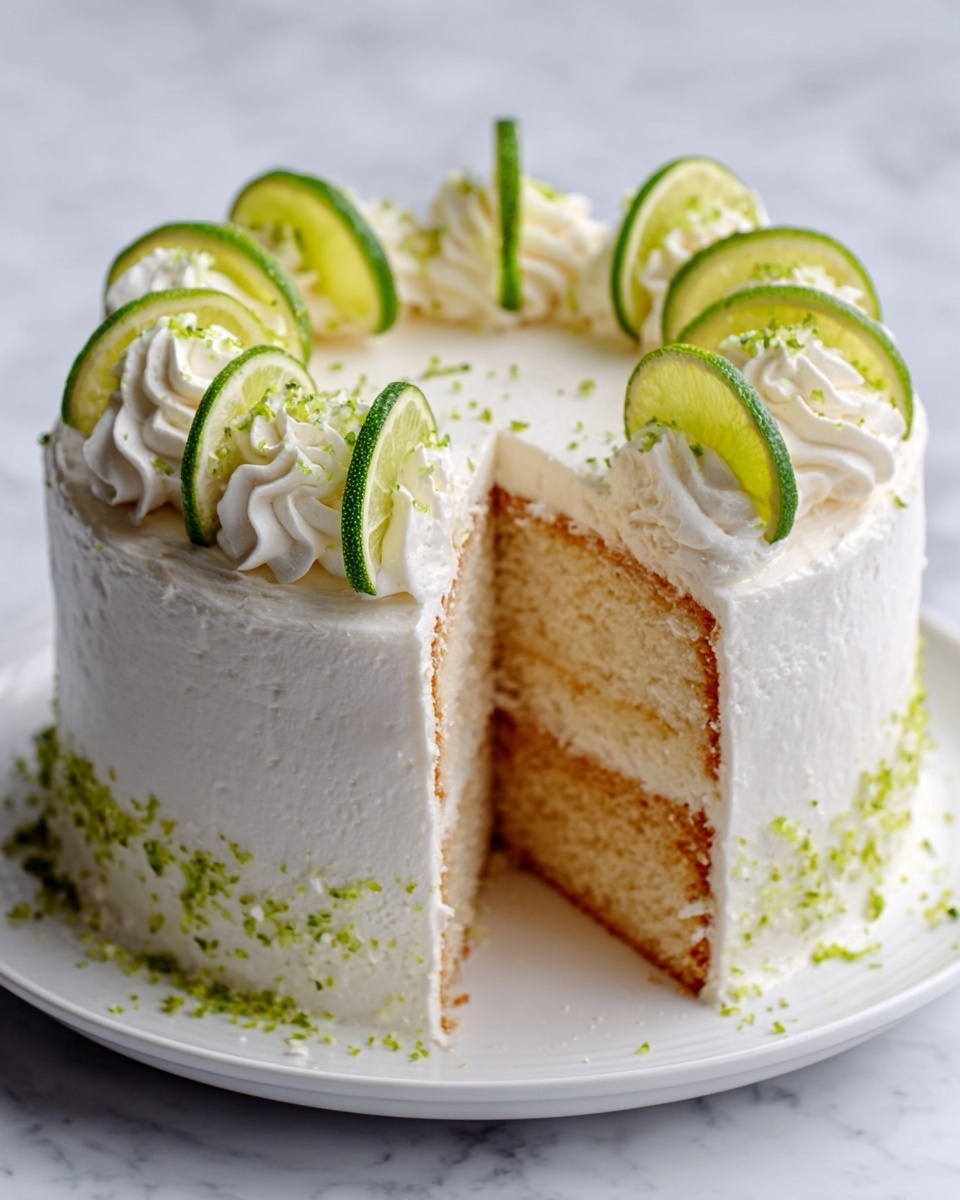 The image shows a two-layer cake with smooth white frosting covering all sides and the top. The cake layers inside are light golden tan with a soft texture. On top, there are evenly spaced swirls of white whipped cream around the edge. Thin, round lime slices are placed standing up between the swirls, with small green zest sprinkles scattered on top and around the base of the cake. The cake sits on a white plate, placed on a white marble surface. Photo taken with an iphone --ar 4:5 --v 7