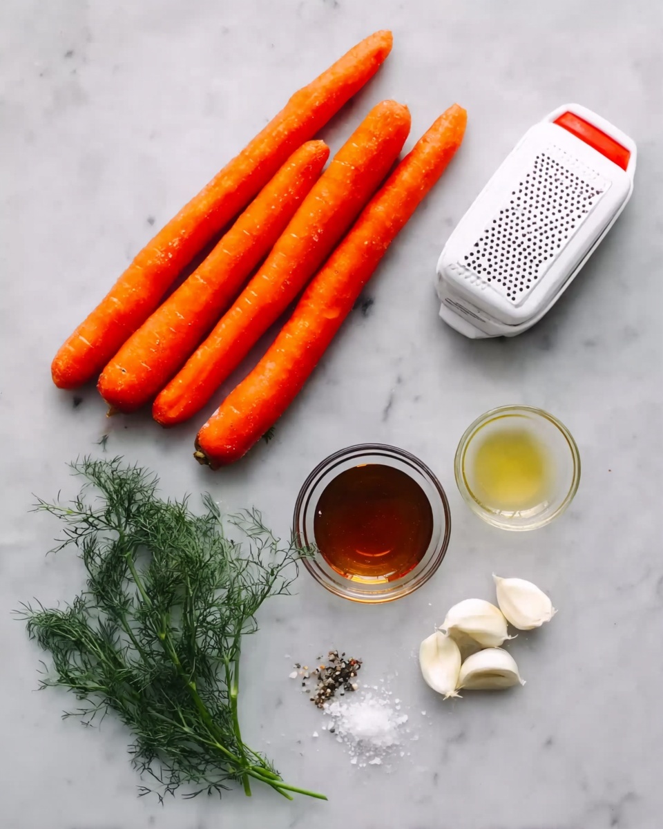 The image shows four whole bright orange carrots on a white marbled surface in the top left. To their right, there is a white grater with a red strip near the top and black details at the bottom. Below the carrots, two peeled garlic cloves are placed on the white marbled surface. In the center, there is a small glass bowl filled with a dark golden brown liquid. Next to it on the right is another small glass bowl with a light yellow liquid. At the bottom left, there is a small bunch of fresh dill with green feathery leaves. Near the bottom center are small piles of white salt and ground black pepper scattered on the white marbled surface. photo taken with an iphone --ar 4:5 --v 7