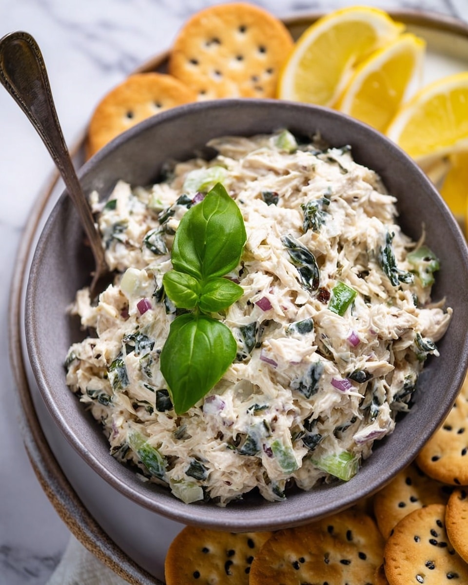 A close-up view of a gray bowl filled with a creamy mixture made of shredded white chicken, chopped green leafy vegetables, small purple onion pieces, and bits of celery, all blended together with a white creamy sauce, topped with two fresh green basil leaves. The bowl rests on a white plate decorated with golden brown round crackers sprinkled with black seeds around its edge. In the background, there are several lemon wedges with bright yellow and white colors placed on a white marbled surface. A vintage silver spoon is partially submerged in the mixture as if ready to serve. Photo taken with an iphone --ar 4:5 --v 7