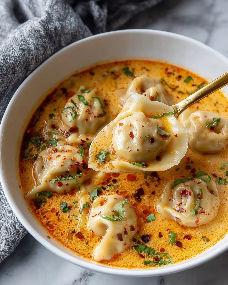 A white bowl holds a creamy orange soup with several dumplings floating inside. The dumplings are light beige with soft, slightly wrinkled textures and are scattered evenly throughout the soup. Small green herbs and red chili flakes sprinkle the soup’s surface, adding contrast and detail. A gold spoon lifts one dumpling above the bowl, showing its soft, curved shape coated with soup and garnishes. The bowl sits on a white marbled surface, and a gray fabric is partly visible in the background. photo taken with an iphone --ar 4:5 --v 7