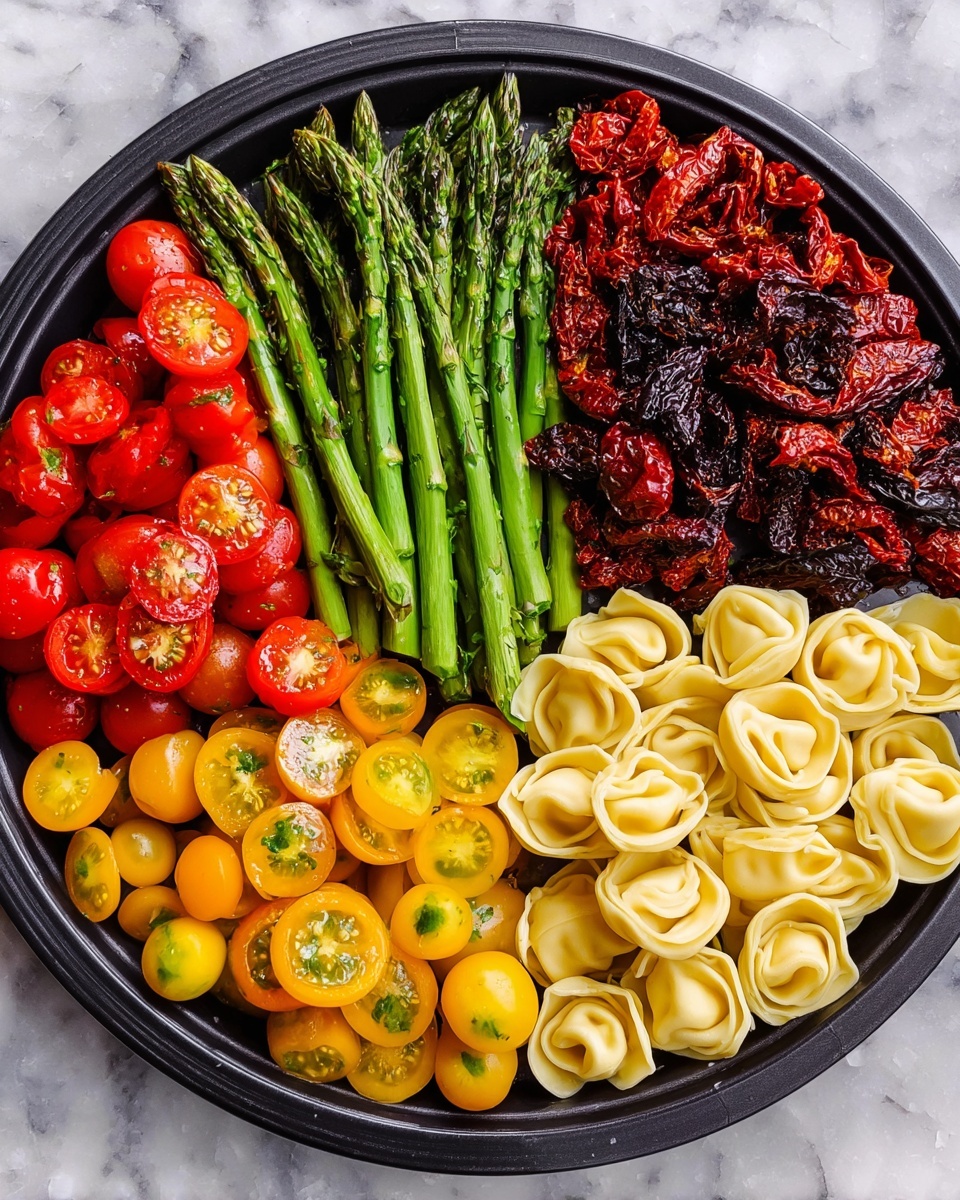 A round black tray holds five distinct sections of fresh and colorful food items, arranged in a neat circle. Starting clockwise, the first section has small bright yellow cherry tomatoes, some halved to reveal juicy interiors. Next to it are vibrant red cherry tomatoes, also halved, showing their vivid red flesh and seeds. Adjacent to these tomatoes lies a bunch of fresh green asparagus spears, neatly aligned with pointed tips facing outward. Above the asparagus, there is a pile of dark red sun-dried tomatoes with a wrinkled texture. Finally, a group of pale yellow tortellini sit in one section, their soft folded shapes contrasting with the other items. The tray is placed on a white marbled surface. photo taken with an iphone --ar 4:5 --v 7