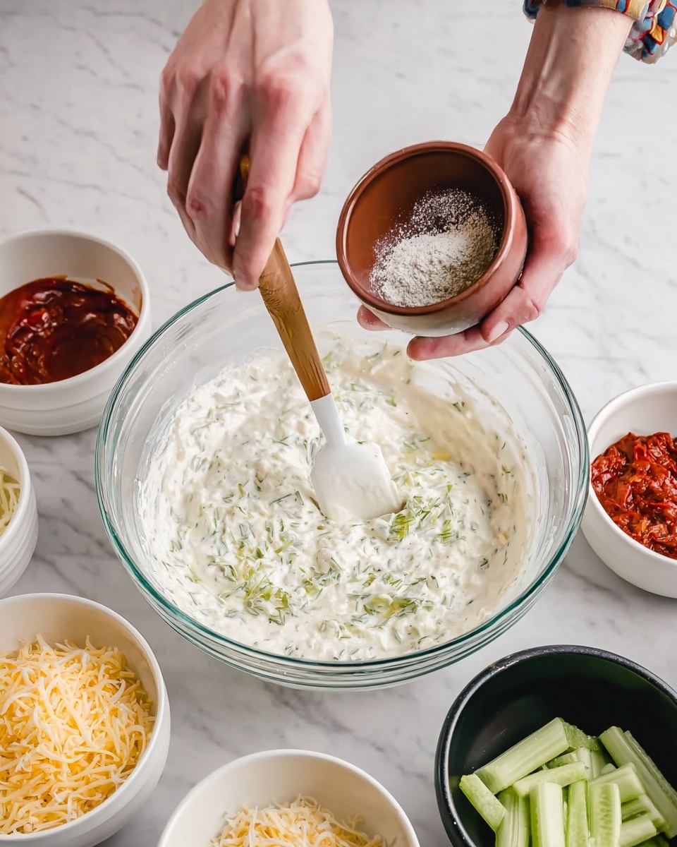 A clear glass bowl is on a white marbled surface with a mix of creamy white spread showing bits of orange, green, and light brown mixed in it, giving a chunky and textured look. A woman's hand on the right is holding a spatula with a wooden handle, stirring the mixture, while another woman's hand holds the bowl steady from the bottom. A white and gray striped cloth is placed nearby, and a green container with a white label is partially visible at the bottom right corner. The overall colors are soft and natural with a fresh kitchen feel photo taken with an iphone --ar 4:5 --v 7