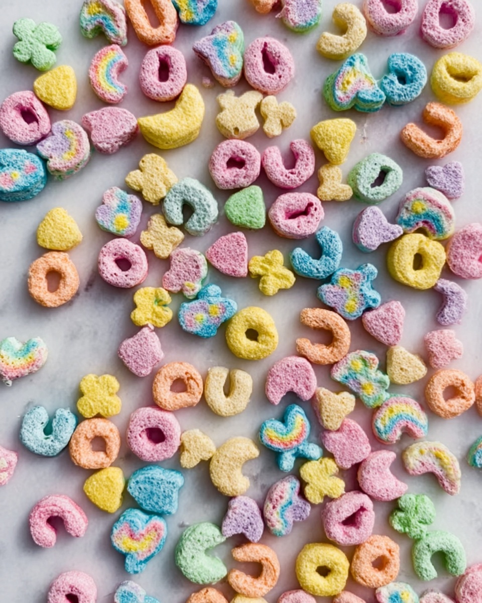 The image shows many small, colorful cereal pieces scattered on a white marbled surface. The cereal pieces are shaped like different items such as moons, horseshoes, clovers, and hearts. They come in pastel colors like pink, blue, yellow, orange, and green, with some pieces having small rainbow or star designs. The texture of the cereal looks crunchy and slightly rough. The mix is spread evenly across the surface with no dish or bowl visible. Photo taken with an iphone --ar 4:5 --v 7