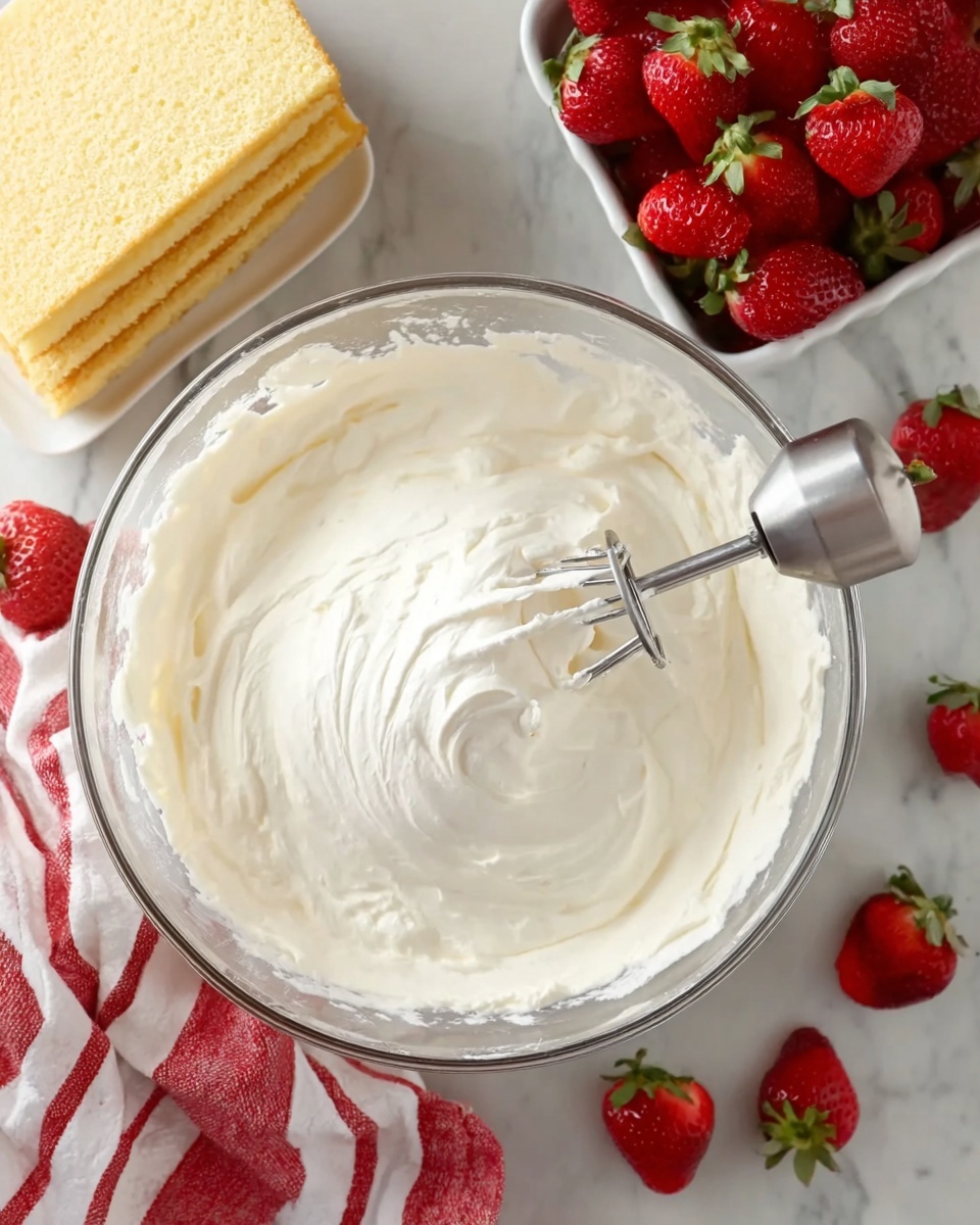 The image shows a clear glass mixing bowl filled with thick white whipped cream that has a smooth, soft texture. A metal whisk attachment rests inside the whipped cream, slightly lifted. To the upper left, there are two light yellow cake layers with a soft and spongy texture. On the upper right, a square white bowl holds many bright red strawberries with green leaves. Around the bowl and cakes, several strawberries are scattered on a white marbled surface. A red and white striped cloth is partially visible next to the mixing bowl. photo taken with an iphone --ar 4:5 --v 7