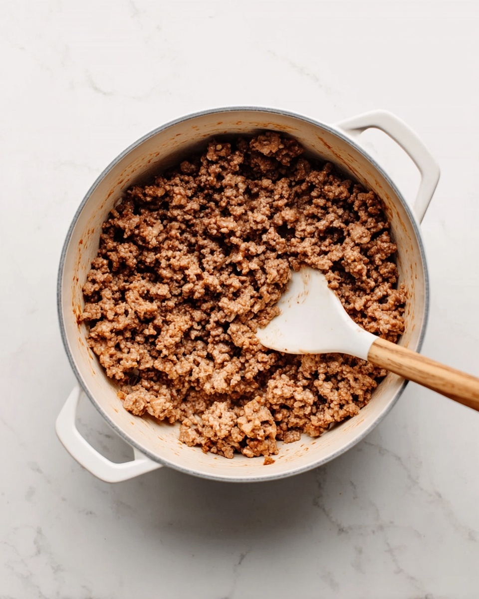 A white pot filled with cooked ground meat that is brown with some lighter parts. A white wooden spoon rests inside the pot on the right side, partially touching the meat. The pot sits on a white marbled surface, showing a clean and simple kitchen scene. Photo taken with an iphone --ar 4:5 --v 7