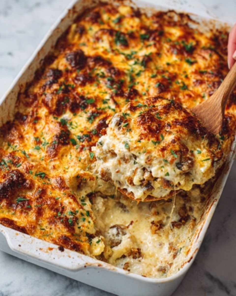 The image shows a white baking dish filled with a layered casserole. The top layer is golden brown melted cheese with toasted spots and some green herbs sprinkled on it. Underneath, you can see creamy and soft layers of a light yellow filling mixed with bits of browned meat or vegetables. A wooden spatula held by a woman's hand is lifting a serving from the side, revealing the thick layered inside with a mix of creamy textures and chunks. The dish is placed on a white marbled surface. photo taken with an iphone --ar 4:5 --v 7