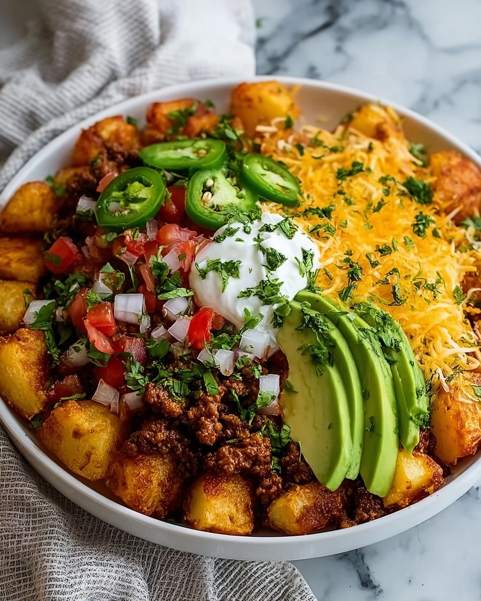 The image shows a white bowl filled with four main layers starting from the bottom with small cubed golden potatoes, followed on the right by a dollop of pale green creamy guacamole and white sour cream. Next to those, finely chopped dark brown cooked ground meat fills the center, and a small pile of bright red diced tomatoes sits to the left. Loose green leafy lettuce covers the back half of the bowl. The bowl is set on a white marbled surface with a blurred bowl and some green and red garnish in the background. photo taken with an iphone --ar 4:5 --v 7