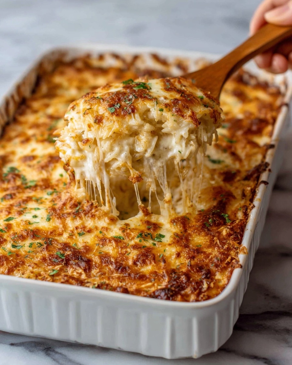 The image shows a white rectangular dish filled with a cheesy rice casserole. The top layer is golden brown and crispy with melted cheese and small green herb bits sprinkled lightly on top. A wooden spatula held by a woman's hand lifts a scoop from the dish, showing creamy, soft rice underneath with stringy melted cheese stretching between the scoop and the dish. The white marbled surface is visible beneath the dish. photo taken with an iphone --ar 4:5 --v 7