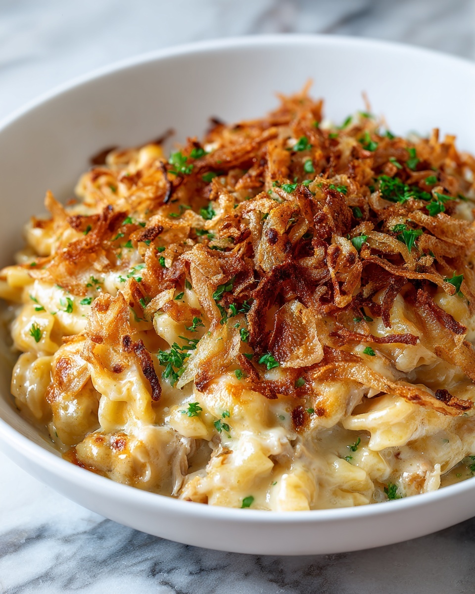 A white bowl holds a creamy pasta dish with three main layers. The bottom layer is soft, light golden pasta mixed with tender, pale pieces of meat. Above this is a thick, smooth, creamy cheese sauce that coats the pasta, giving it a shiny texture. The top layer has crispy, thin brown fried onions scattered all over, with small bits of green herbs sprinkled on top for color contrast. The bowl sits on a white marbled surface. Photo taken with an iphone --ar 4:5 --v 7