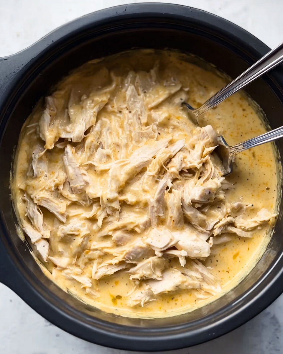 The image shows shredded cooked chicken mixed with a creamy light yellow sauce inside a black cooking pot. The chicken pieces are soft and covered evenly by the thick sauce, which has a smooth texture with some small visible specks. Two silver forks are placed on the right side, partially submerged in the mixture, as if ready to mix or serve. The overall look is warm and comforting, and the black cooking pot contrasts with the creamy color of the chicken and sauce, all set against a white marbled surface. photo taken with an iphone --ar 4:5 --v 7
