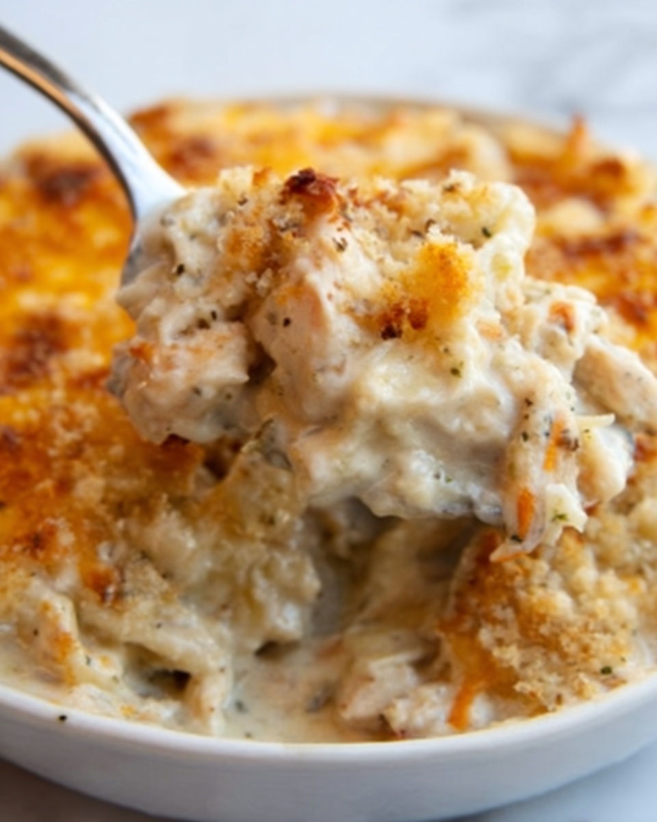 The image shows a close-up of a creamy casserole in a white bowl. The dish has three layers: the bottom layer is a thick, creamy white sauce mixed with pieces of chicken and small bits of herbs, the middle layer is soft pasta or noodles that are covered by the sauce, and the top layer is a golden-brown crispy crust made from baked cheese and breadcrumbs with a few darker toasted spots. A spoon is scooping some of the casserole, revealing the creamy, soft texture inside. The bowl is set on a white marbled surface. Photo taken with an iphone --ar 4:5 --v 7