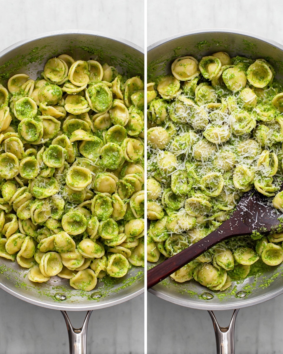 Two side-by-side images show a pan filled with orecchiette pasta coated in a green pesto sauce. The pasta is light yellow and shaped like small ears with a smooth texture. The green pesto sauce is thick and chunky, covering the pasta evenly. In the right image, grated cheese is sprinkled on top of the pasta, adding small white textured bits over the green sauce. A wooden spoon with a dark handle is resting on the right side of the pan in both images. The pan is on a white marbled surface. photo taken with an iphone --ar 4:5 --v 7