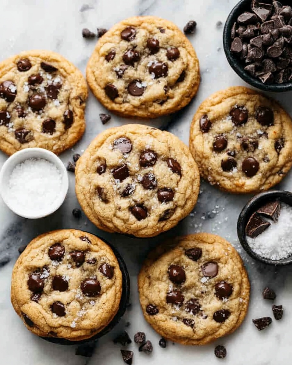 The image shows six round chocolate chip cookies arranged on a white marbled surface, each cookie golden brown with melted dark brown chocolate chips spread on top. The cookies have a soft and slightly cracked texture, with small pieces of chocolate chips scattered around them. There is a white bowl filled with more dark chocolate chips and a white bowl with white sugar placed near the cookies. The overall look is warm and inviting, with the cookies evenly spaced and well-lit to show their soft texture. photo taken with an iphone --ar 4:5 --v 7
