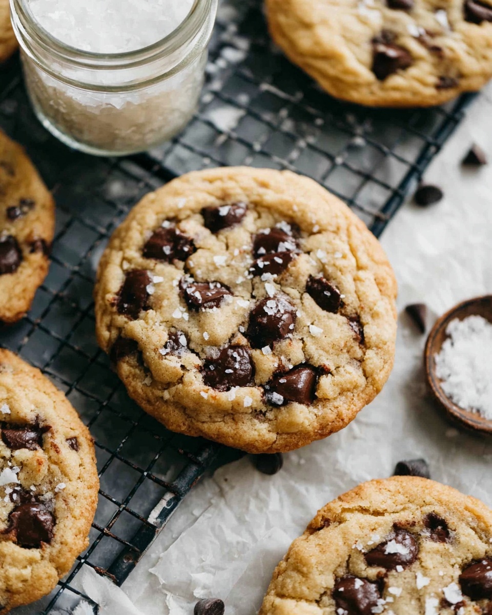The image shows several round chocolate chip cookies with a light golden brown color and soft texture, each cookie dotted with many dark chocolate chips on top. The cookies are placed on a black wire cooling rack, which is sitting on white parchment paper over a white marbled surface. In the background, part of a clear glass jar filled with coarse white sea salt is visible next to some scattered chocolate chips. Some of the cookies have a few grains of salt sprinkled on their tops, adding a slight contrast to the warm tones of the cookies. photo taken with an iphone --ar 4:5 --v 7