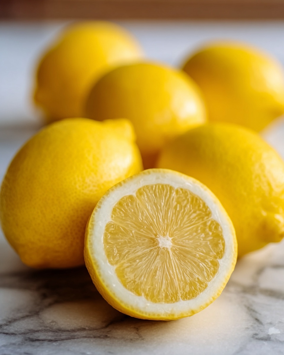 The image shows a group of bright yellow lemons on a white marbled surface. One lemon is cut in half in the front, showing its juicy inside with pale yellow segments and a textured rind. The whole lemons around it have smooth, shiny skin with small dimples. The focus is sharp on the cut lemon and softly blurred on the others behind, creating depth. photo taken with an iphone --ar 4:5 --v 7