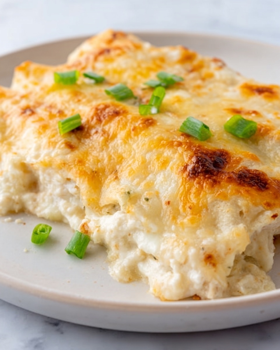 A white rectangular ceramic dish filled with a baked casserole that has a smooth, creamy top layer with a light golden brown edge and small specks of herbs or seasoning visible within the creamy surface. The casserole's top layer looks soft and slightly bubbly, covering a thicker base layer that appears creamy and dense. The dish is set on a white marbled surface, with a small green plant partially visible at the top right corner and a gray and white striped cloth at the bottom right corner. Photo taken with an iphone --ar 4:5 --v 7