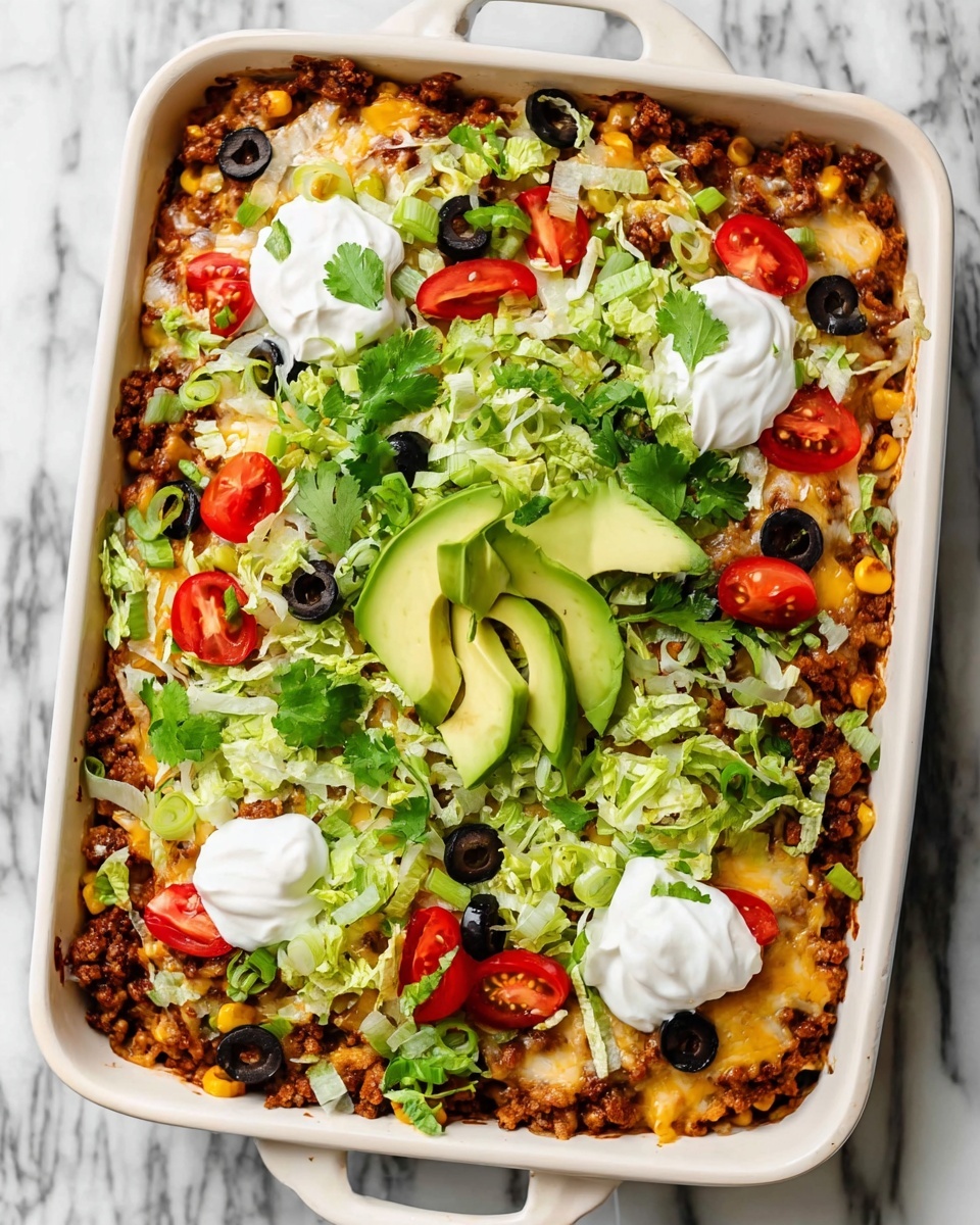 The image shows a white rectangular baking dish filled with a layered taco casserole. The base layer is browned ground meat mixed with corn and black beans, topped with melted white and yellow cheese. On top, there is a generous layer of shredded green lettuce scattered with sliced black olives and small pieces of red cherry tomatoes. Two dollops of white sour cream sit near the top edges of the dish. At the center, thin slices of light green avocado are fanned out. The whole dish is garnished with chopped green onions and fresh cilantro leaves. The background surface is white marble. Photo taken with an iphone --ar 4:5 --v 7