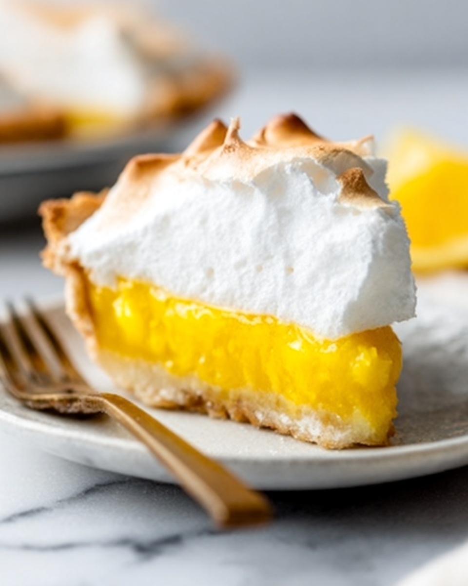 The image shows a single slice of lemon meringue pie on a white plate. The pie has three clear layers: a golden brown crust at the bottom, a thick bright yellow lemon filling in the middle that looks smooth and creamy, and a fluffy white meringue on top with slightly browned tips that add texture. The plate sits on a white marbled surface with a blurred background that gives a soft, warm feel. A wooden fork rests beside the plate, and a blurred bright yellow lemon wedge is partly visible next to the pie slice. Photo taken with an iphone --ar 4:5 --v 7