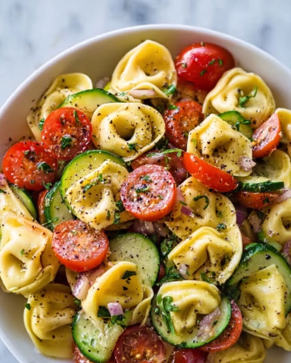 The image shows a close-up of a white plate filled with tortellini pasta mixed with halved cherry tomatoes and sliced cucumbers. The tortellini pieces are yellow and have a smooth, soft texture. Bright red cherry tomato halves are scattered evenly, adding a juicy, fresh look. Thin slices of cucumber with dark green skin and pale interiors are layered throughout. Fresh green herbs and black pepper are sprinkled over the dish, adding small flecks of color. The plate is placed on a white marbled surface. photo taken with an iphone --ar 4:5 --v 7