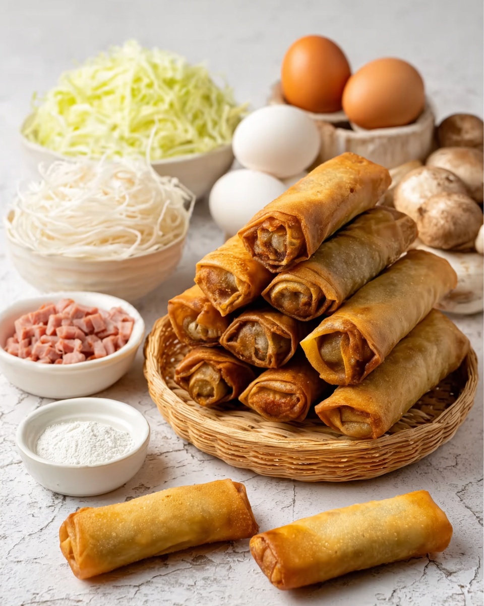 A stack of seven golden brown spring rolls with crispy, smooth skins are piled neatly on a white plate. The spring rolls show slight browning spots at the ends, indicating they are cooked well with a crunchy texture. To the front right of the plate is a small white bowl filled with a bright red dipping sauce with a shiny surface. The scene is set on a white marbled surface with a soft, warm background blur. photo taken with an iphone --ar 4:5 --v 7