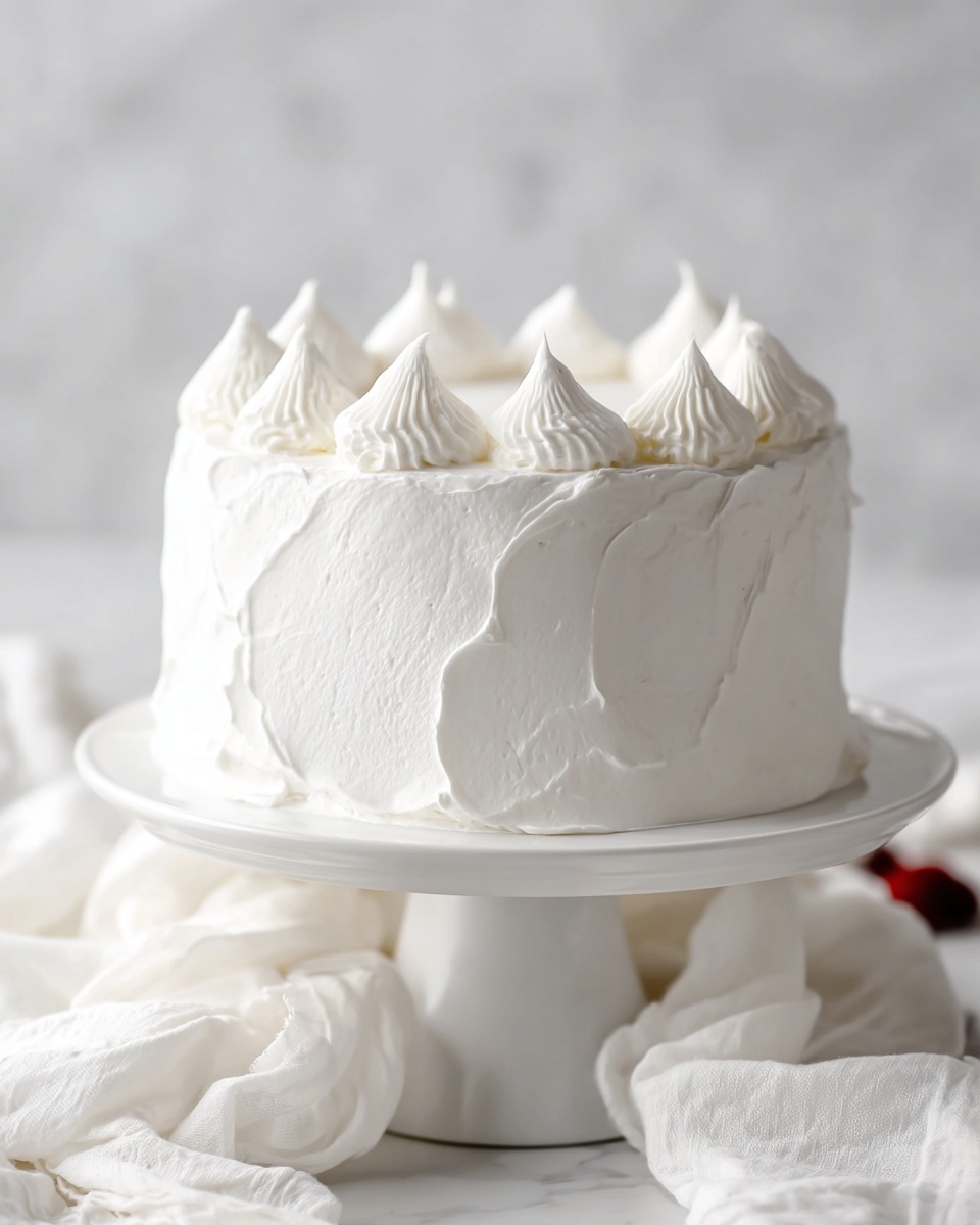 The image shows a round cake with thick, smooth white frosting covering its sides and top, with soft peaks of white cream evenly spaced on the top edge. The frosted cake sits on a white cake stand with a simple design, placed on a white marbled surface. Around the base of the stand, there is a loosely arranged white cloth with gentle folds, adding a soft texture to the scene. The background is blurred but maintains a white marbled texture, keeping the focus on the cake. photo taken with an iphone --ar 4:5 --v 7