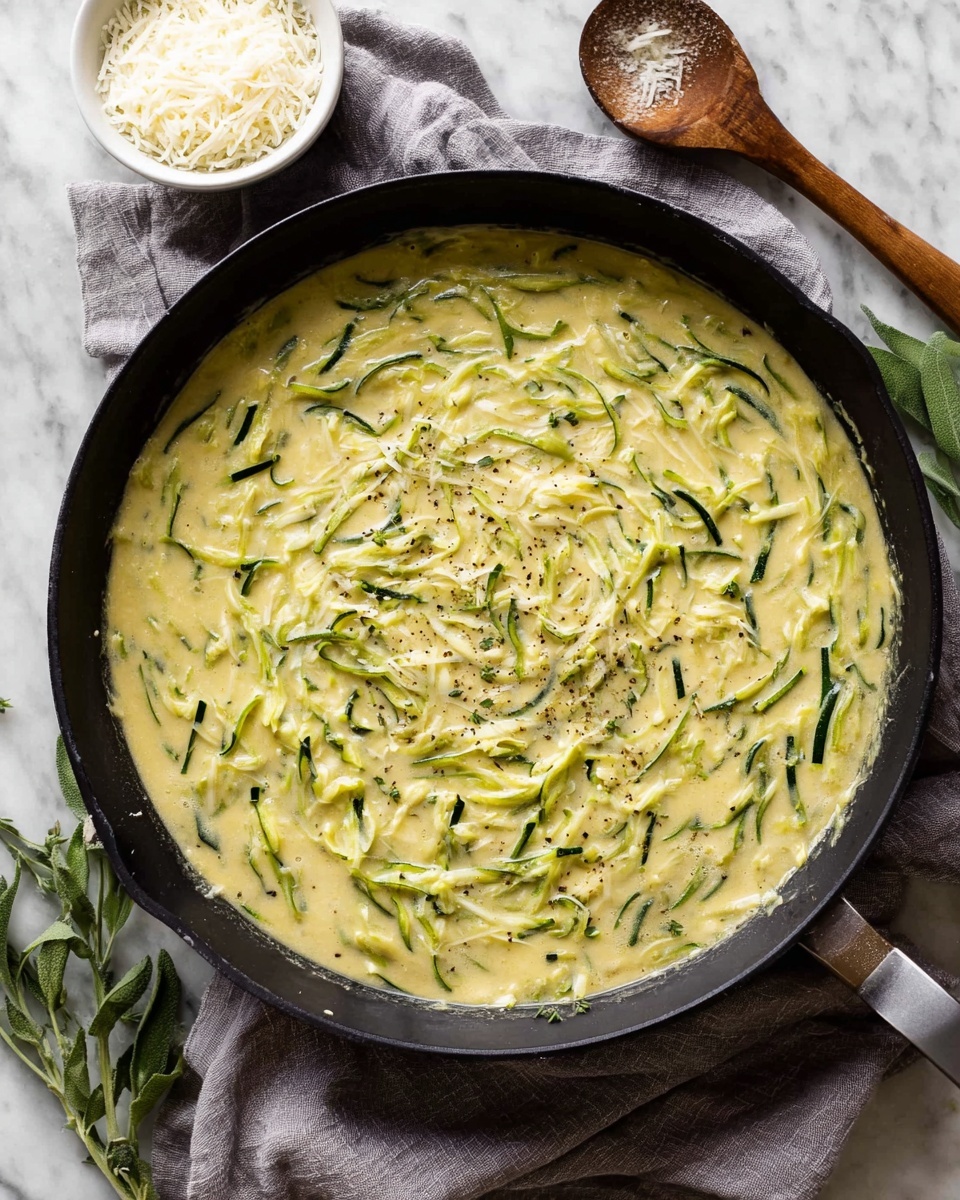A close-up view of a creamy, thick mixture in a black cast iron skillet set on a white marbled surface. The dish has a pale yellow base with small green strips of herbs or vegetables evenly mixed throughout. A wooden spoon is lifted above the skillet, showing a scoop of the same creamy mixture with visible green bits, giving a textured and slightly chunky look. In the blurred background, a small white bowl with a grated ingredient is visible alongside some green herb sprigs. photo taken with an iphone --ar 4:5 --v 7